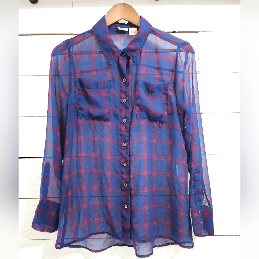 MUDD Button Down Blouse Top Women's Lightweight Plaid sz M